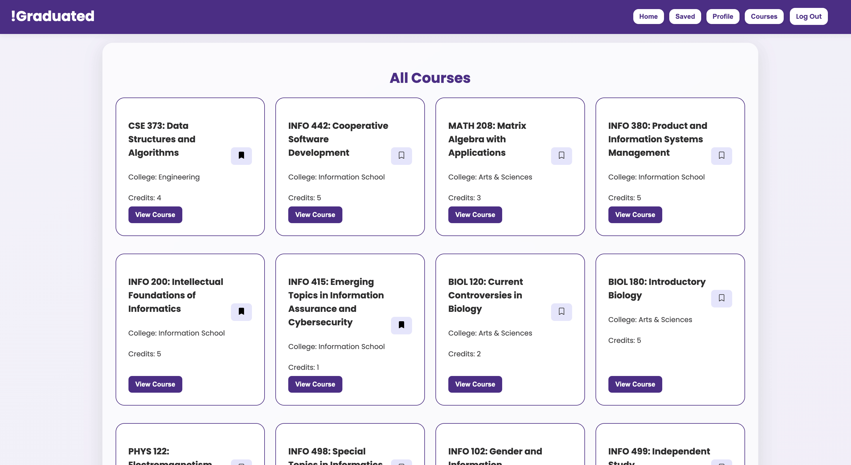 A centralized UW course discovery tool with features like course search, saving, reviews, and filtering, integrated with UW Enterprise Web Services.